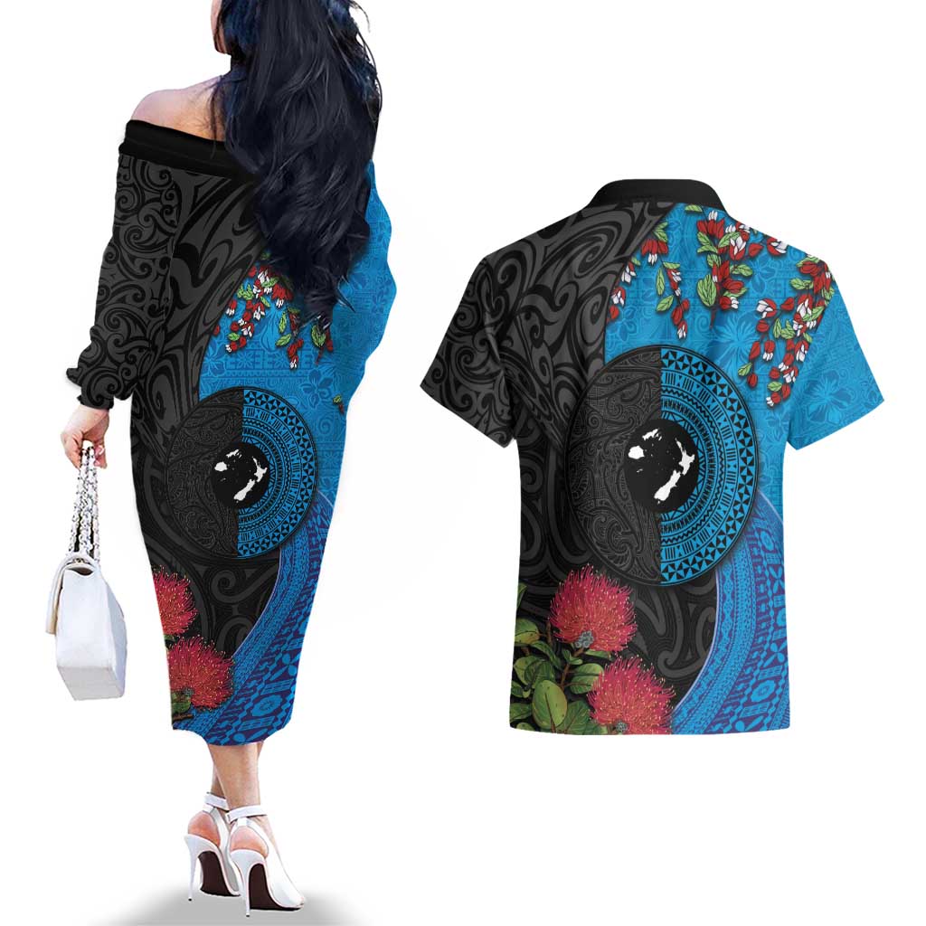 Fiji and New Zealand Together Couples Matching Off The Shoulder Long Sleeve Dress and Hawaiian Shirt Tapa Maori Tattoo mix Tagimoucia and Pohutukawa LT03 - Polynesian Pride