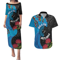 Fiji and New Zealand Together Couples Matching Puletasi and Hawaiian Shirt Tapa Maori Tattoo mix Tagimoucia and Pohutukawa LT03 Black - Polynesian Pride