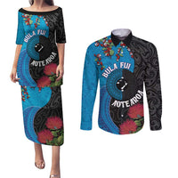 Fiji and New Zealand Together Couples Matching Puletasi and Long Sleeve Button Shirt Tapa Maori Tattoo mix Tagimoucia and Pohutukawa LT03 Black - Polynesian Pride