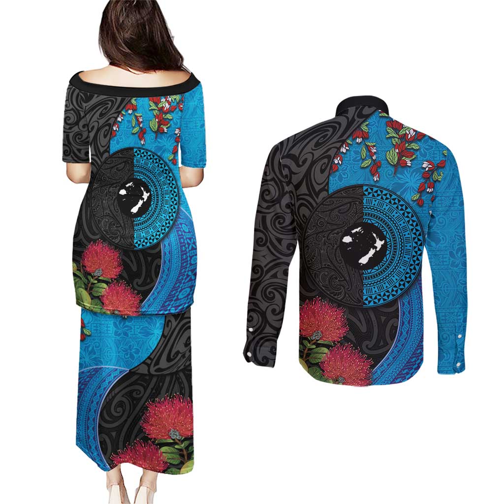 Fiji and New Zealand Together Couples Matching Puletasi and Long Sleeve Button Shirt Tapa Maori Tattoo mix Tagimoucia and Pohutukawa LT03 - Polynesian Pride