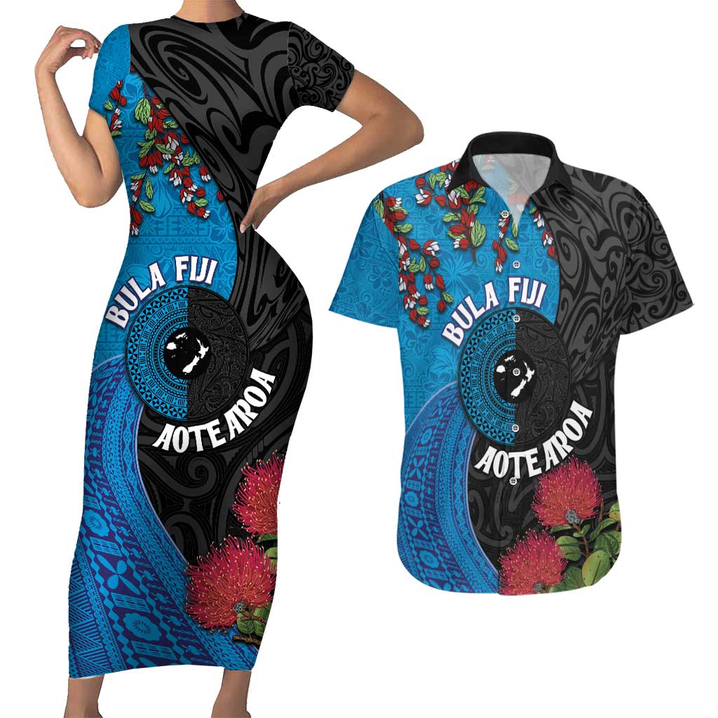 Fiji and New Zealand Together Couples Matching Short Sleeve Bodycon Dress and Hawaiian Shirt Tapa Maori Tattoo mix Tagimoucia and Pohutukawa LT03 Black - Polynesian Pride