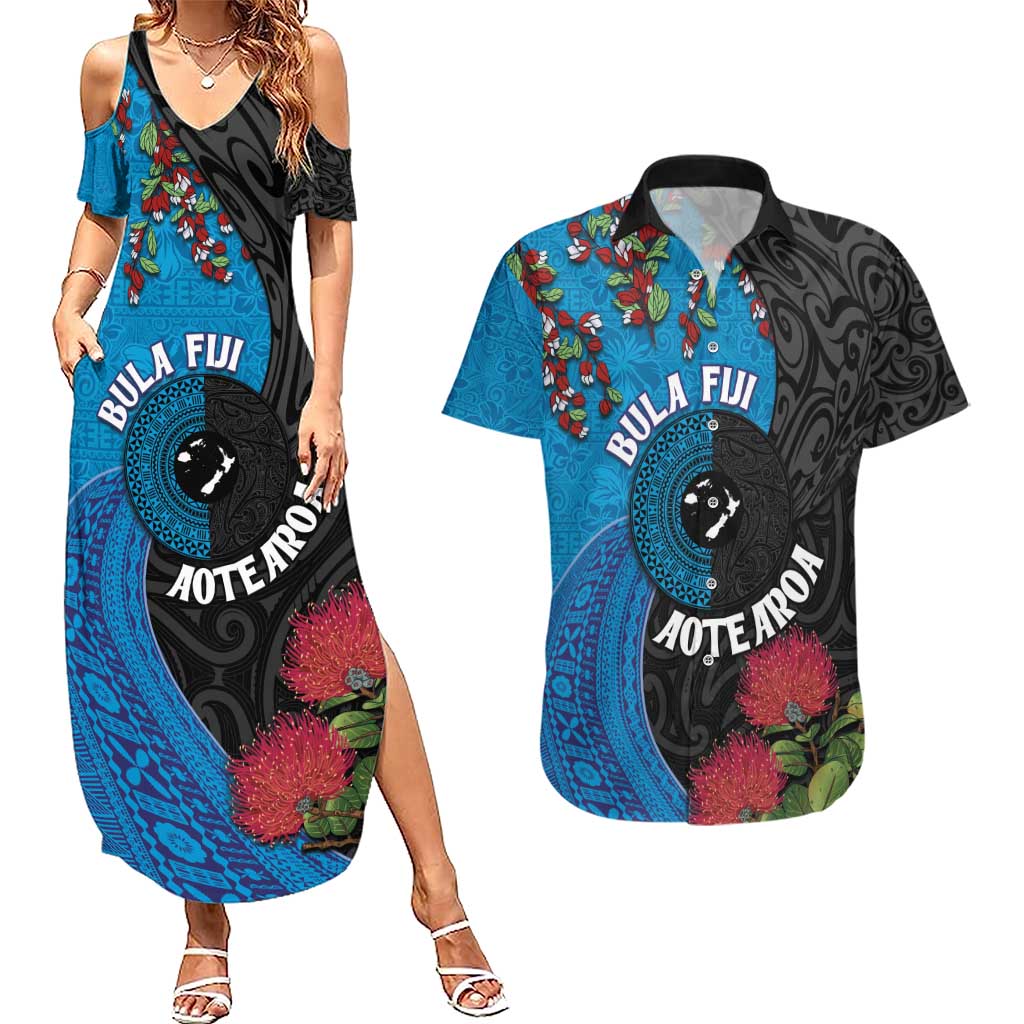 Fiji and New Zealand Together Couples Matching Summer Maxi Dress and Hawaiian Shirt Tapa Maori Tattoo mix Tagimoucia and Pohutukawa LT03 Black - Polynesian Pride
