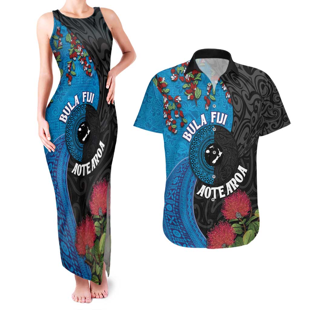 Fiji and New Zealand Together Couples Matching Tank Maxi Dress and Hawaiian Shirt Tapa Maori Tattoo mix Tagimoucia and Pohutukawa LT03 Black - Polynesian Pride