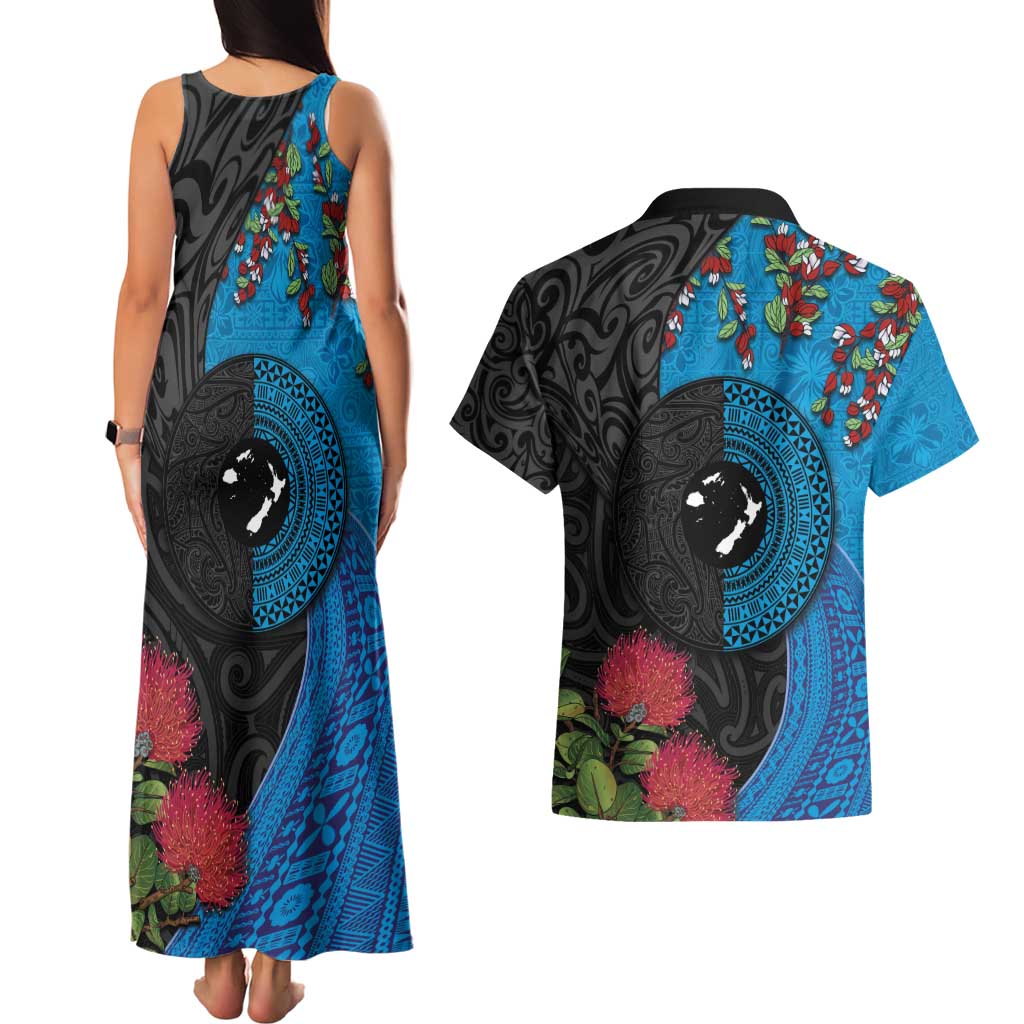 Fiji and New Zealand Together Couples Matching Tank Maxi Dress and Hawaiian Shirt Tapa Maori Tattoo mix Tagimoucia and Pohutukawa LT03 - Polynesian Pride