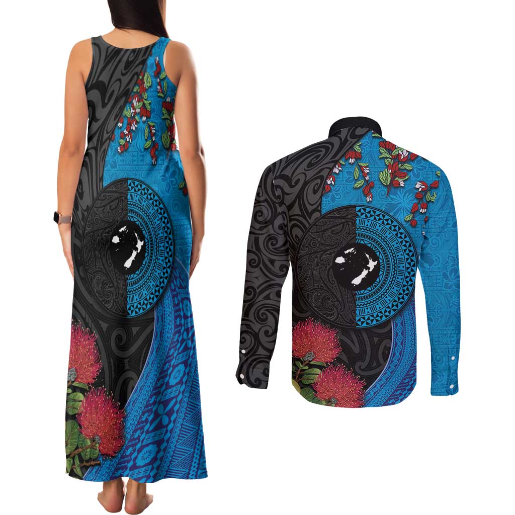 Fiji and New Zealand Together Couples Matching Tank Maxi Dress and Long Sleeve Button Shirt Tapa Maori Tattoo mix Tagimoucia and Pohutukawa LT03 - Polynesian Pride
