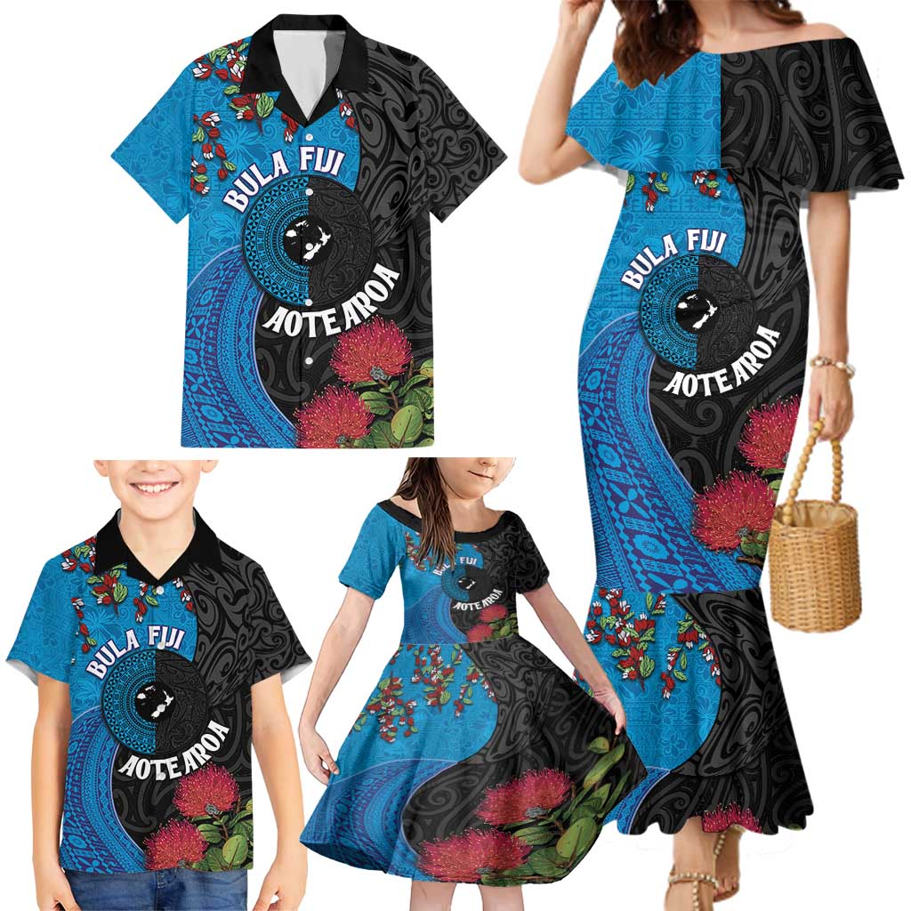 Fiji and New Zealand Together Family Matching Mermaid Dress and Hawaiian Shirt Tapa Maori Tattoo mix Tagimoucia and Pohutukawa LT03 - Polynesian Pride