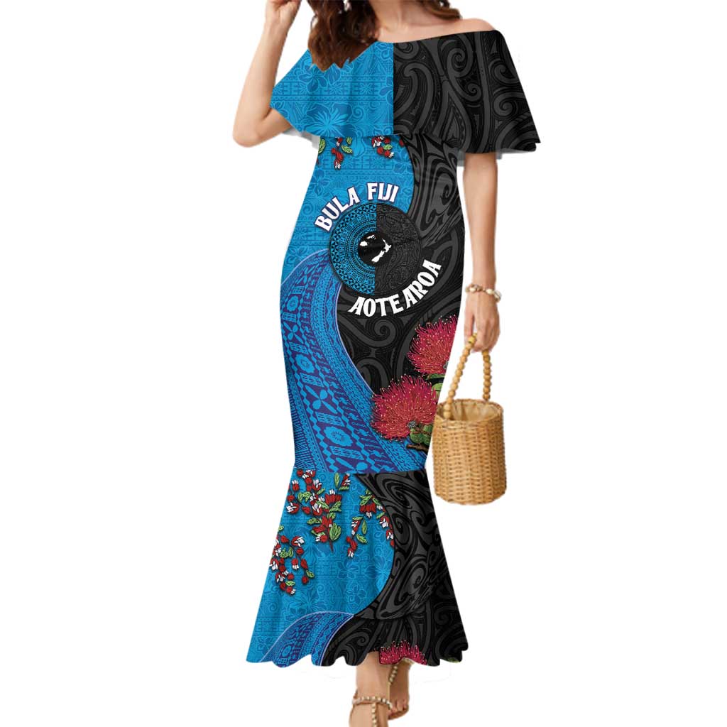 Fiji and New Zealand Together Family Matching Mermaid Dress and Hawaiian Shirt Tapa Maori Tattoo mix Tagimoucia and Pohutukawa LT03 Mom's Dress Black - Polynesian Pride