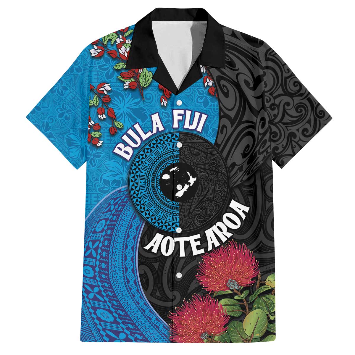 Fiji and New Zealand Together Family Matching Off The Shoulder Long Sleeve Dress and Hawaiian Shirt Tapa Maori Tattoo mix Tagimoucia and Pohutukawa LT03 Dad's Shirt - Short Sleeve Black - Polynesian Pride