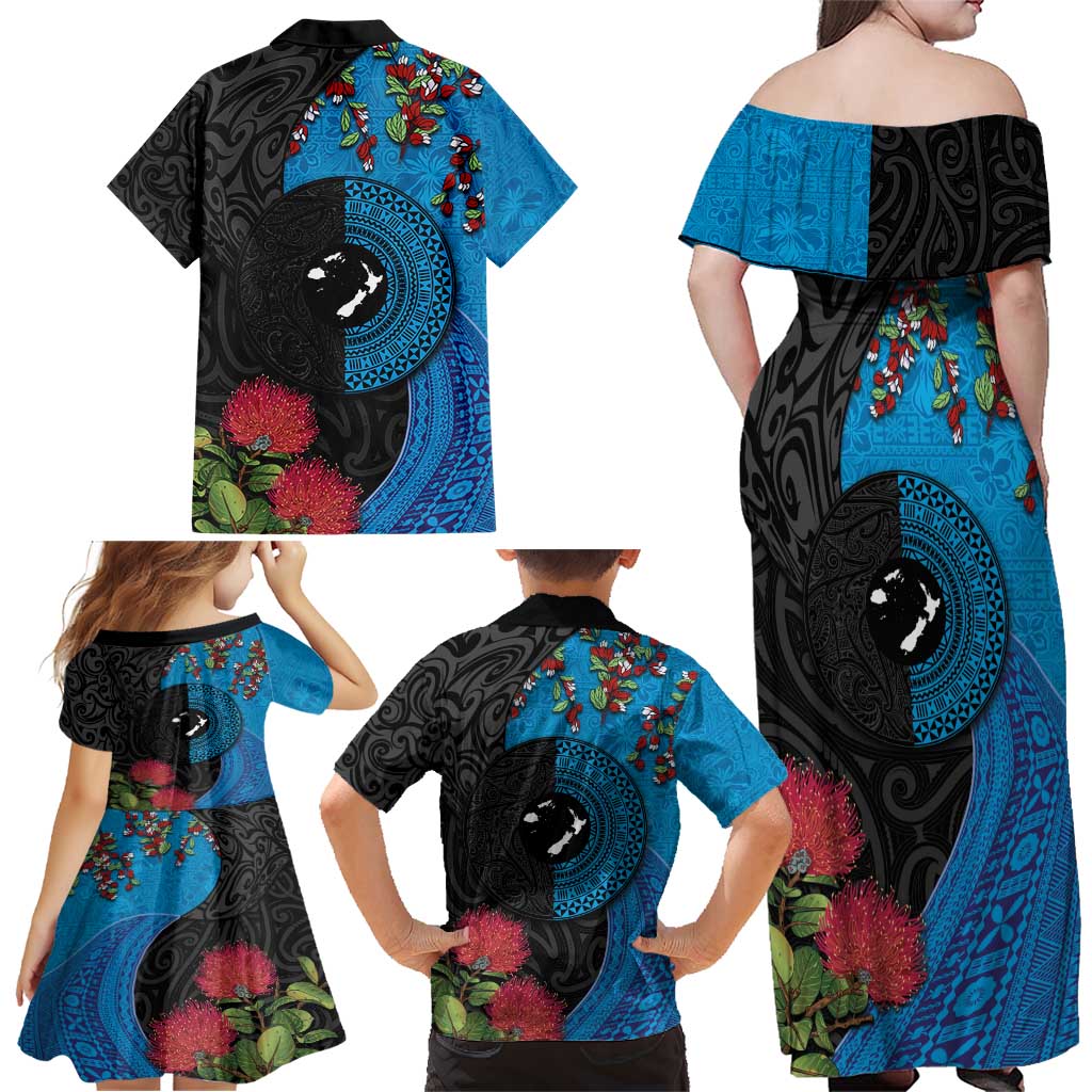 Fiji and New Zealand Together Family Matching Off Shoulder Maxi Dress and Hawaiian Shirt Tapa Maori Tattoo mix Tagimoucia and Pohutukawa LT03 - Polynesian Pride
