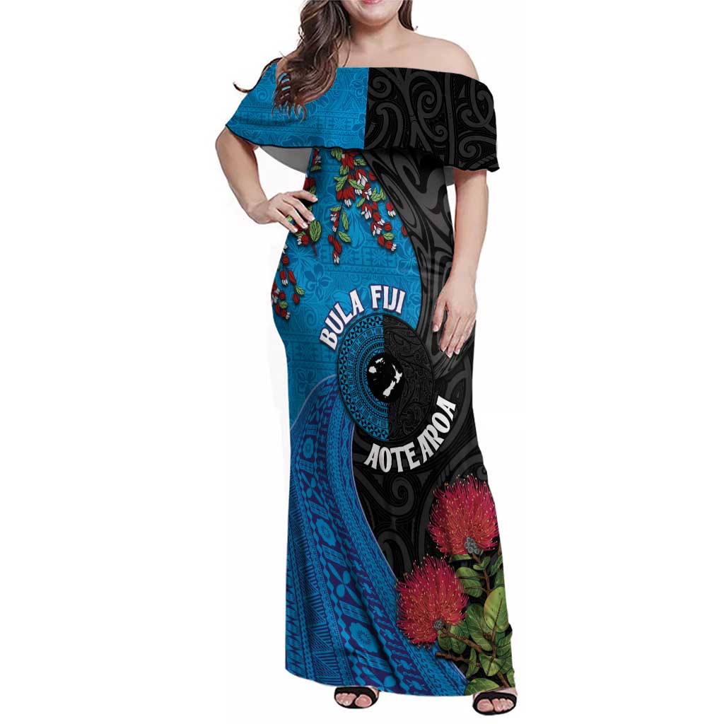Fiji and New Zealand Together Family Matching Off Shoulder Maxi Dress and Hawaiian Shirt Tapa Maori Tattoo mix Tagimoucia and Pohutukawa LT03 Mom's Dress Black - Polynesian Pride