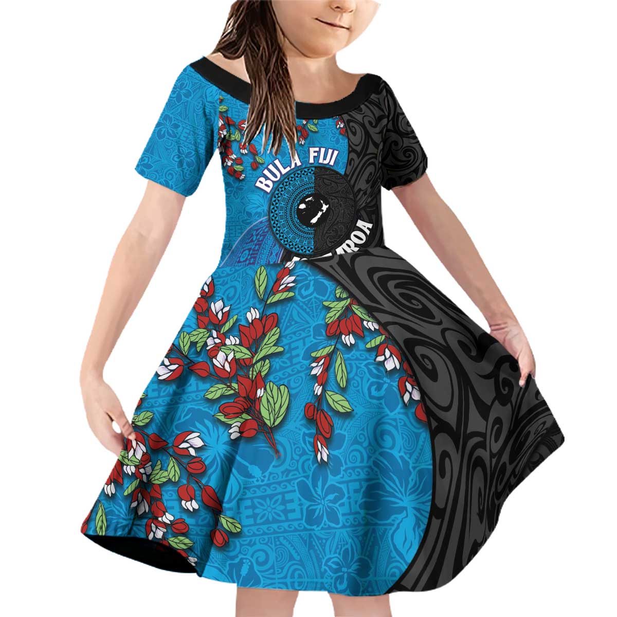 Fiji and New Zealand Together Family Matching Off Shoulder Short Dress and Hawaiian Shirt Tapa Maori Tattoo mix Tagimoucia and Pohutukawa LT03 Daughter's Dress Black - Polynesian Pride