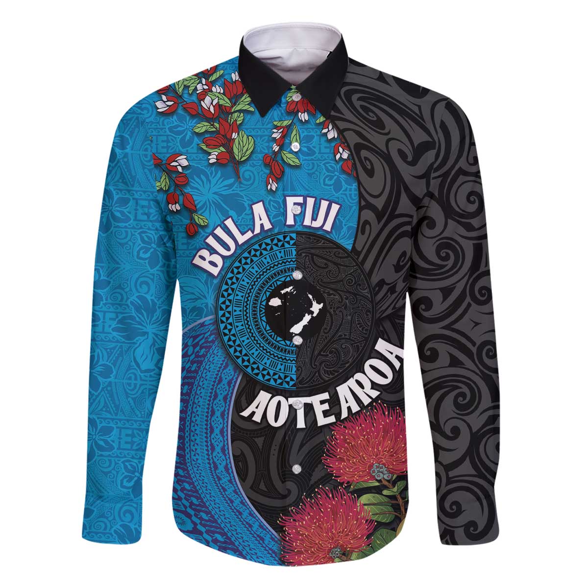 Fiji and New Zealand Together Family Matching Off Shoulder Short Dress and Hawaiian Shirt Tapa Maori Tattoo mix Tagimoucia and Pohutukawa LT03 Dad's Shirt - Long Sleeve Black - Polynesian Pride