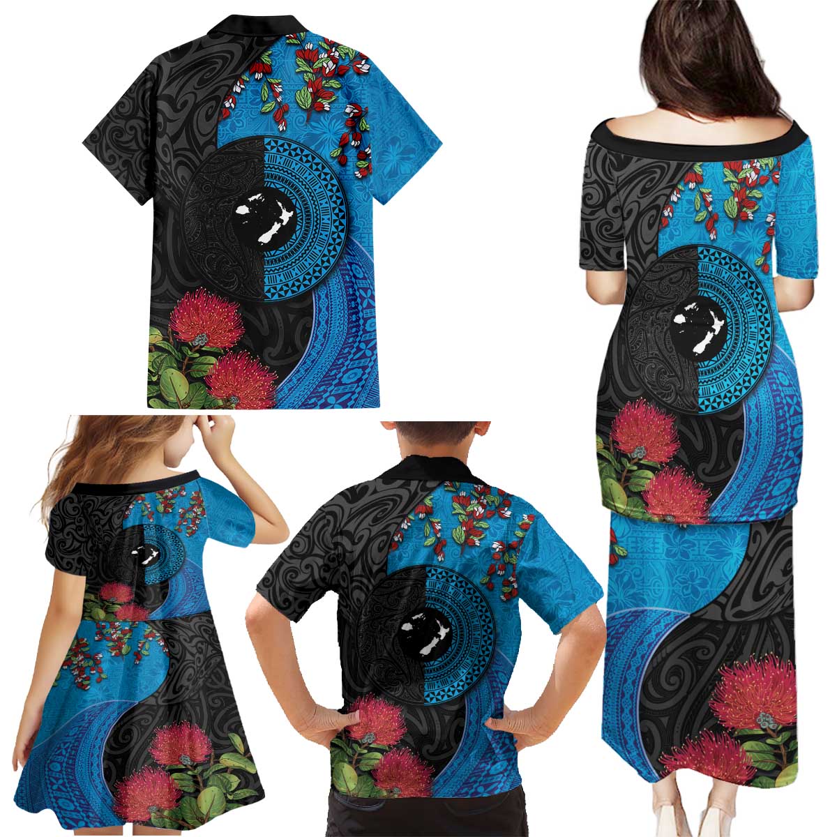 Fiji and New Zealand Together Family Matching Puletasi and Hawaiian Shirt Tapa Maori Tattoo mix Tagimoucia and Pohutukawa LT03 - Polynesian Pride