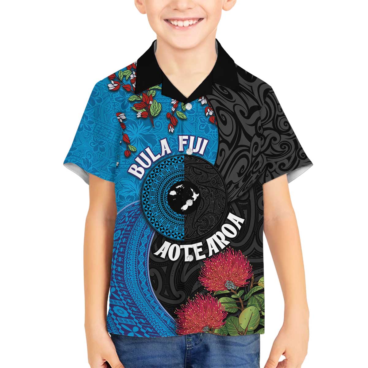 Fiji and New Zealand Together Family Matching Puletasi and Hawaiian Shirt Tapa Maori Tattoo mix Tagimoucia and Pohutukawa LT03 Son's Shirt Black - Polynesian Pride