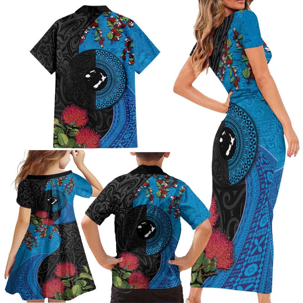 Fiji and New Zealand Together Family Matching Short Sleeve Bodycon Dress and Hawaiian Shirt Tapa Maori Tattoo mix Tagimoucia and Pohutukawa LT03 - Polynesian Pride