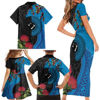 Fiji and New Zealand Together Family Matching Short Sleeve Bodycon Dress and Hawaiian Shirt Tapa Maori Tattoo mix Tagimoucia and Pohutukawa LT03 - Polynesian Pride