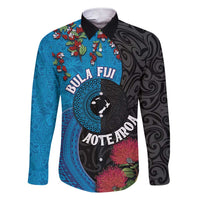 Fiji and New Zealand Together Family Matching Short Sleeve Bodycon Dress and Hawaiian Shirt Tapa Maori Tattoo mix Tagimoucia and Pohutukawa LT03 Dad's Shirt - Long Sleeve Black - Polynesian Pride