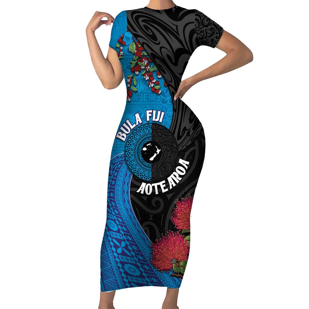 Fiji and New Zealand Together Family Matching Short Sleeve Bodycon Dress and Hawaiian Shirt Tapa Maori Tattoo mix Tagimoucia and Pohutukawa LT03 Mom's Dress Black - Polynesian Pride