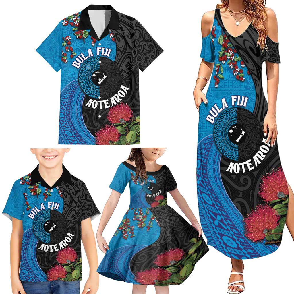 Fiji and New Zealand Together Family Matching Summer Maxi Dress and Hawaiian Shirt Tapa Maori Tattoo mix Tagimoucia and Pohutukawa LT03 - Polynesian Pride