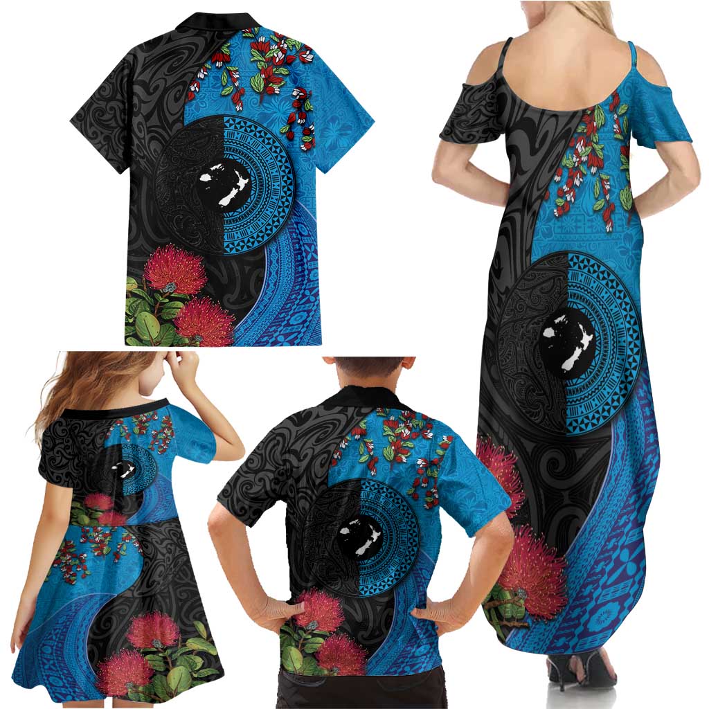 Fiji and New Zealand Together Family Matching Summer Maxi Dress and Hawaiian Shirt Tapa Maori Tattoo mix Tagimoucia and Pohutukawa LT03 - Polynesian Pride