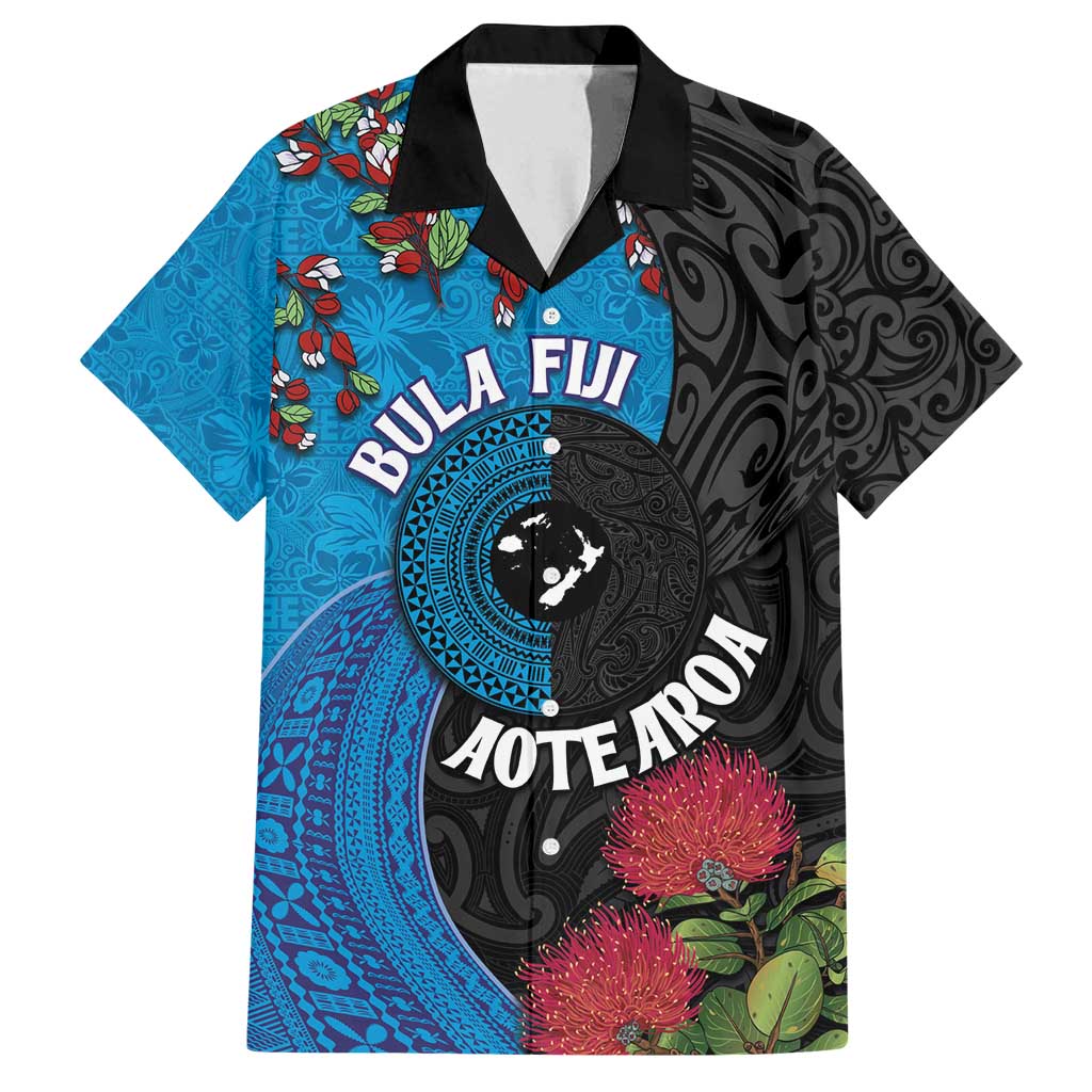 Fiji and New Zealand Together Family Matching Summer Maxi Dress and Hawaiian Shirt Tapa Maori Tattoo mix Tagimoucia and Pohutukawa LT03 Dad's Shirt - Short Sleeve Black - Polynesian Pride