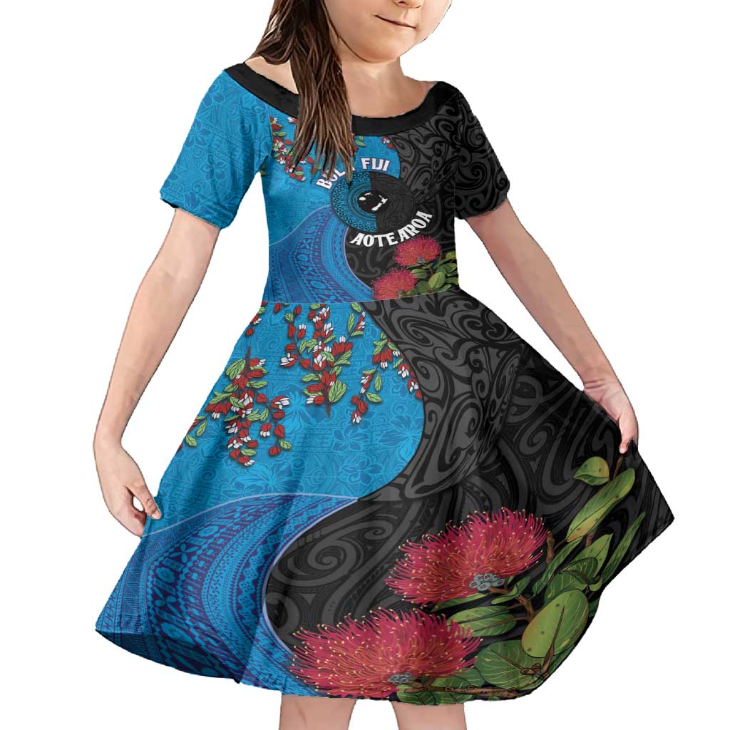 Fiji and New Zealand Together Family Matching Tank Maxi Dress and Hawaiian Shirt Tapa Maori Tattoo mix Tagimoucia and Pohutukawa LT03 Daughter's Dress Black - Polynesian Pride