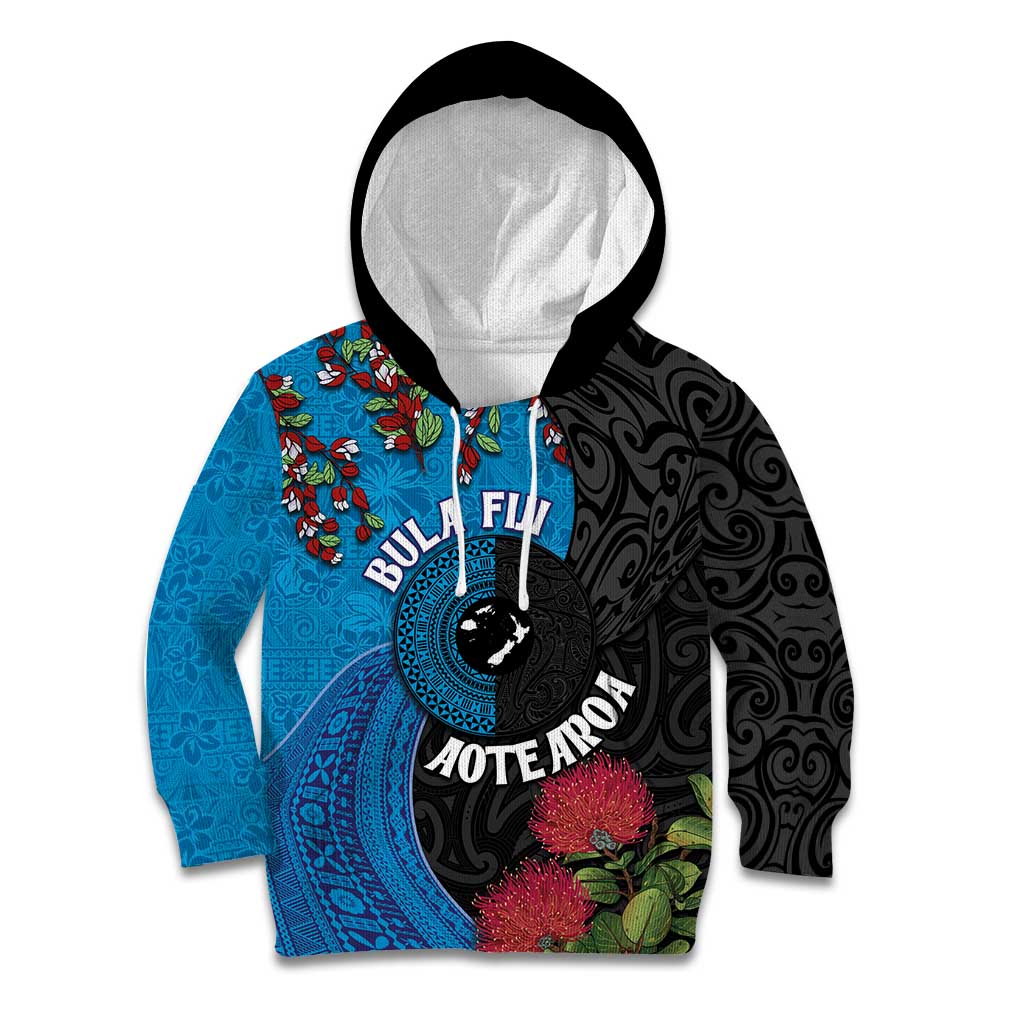 Fiji and New Zealand Together Kid Hoodie Tapa Maori Tattoo mix Tagimoucia and Pohutukawa LT03 Hoodie Black - Polynesian Pride