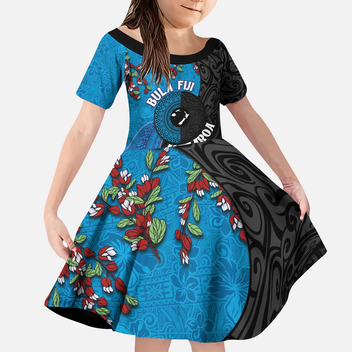 Fiji and New Zealand Together Kid Short Sleeve Dress Tapa Maori Tattoo mix Tagimoucia and Pohutukawa LT03 KID Black - Polynesian Pride
