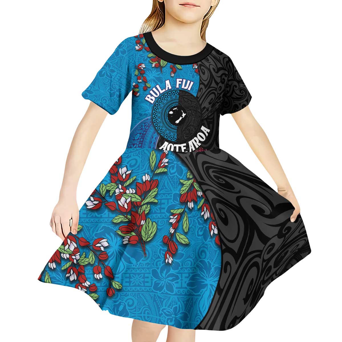 Fiji and New Zealand Together Kid Short Sleeve Dress Tapa Maori Tattoo mix Tagimoucia and Pohutukawa LT03 - Polynesian Pride