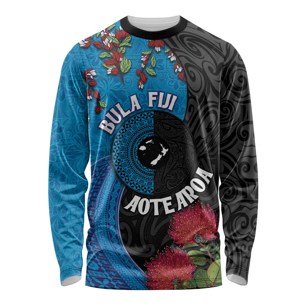 Fiji and New Zealand Together Long Sleeve Shirt Tapa Maori Tattoo mix Tagimoucia and Pohutukawa LT03 Unisex Black - Polynesian Pride