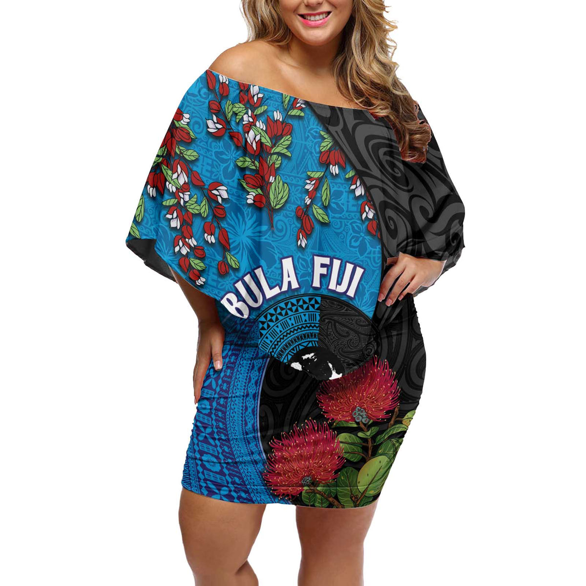 Fiji and New Zealand Together Off Shoulder Short Dress Tapa Maori Tattoo mix Tagimoucia and Pohutukawa LT03 Women Black - Polynesian Pride