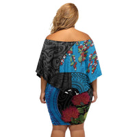 Fiji and New Zealand Together Off Shoulder Short Dress Tapa Maori Tattoo mix Tagimoucia and Pohutukawa LT03 - Polynesian Pride