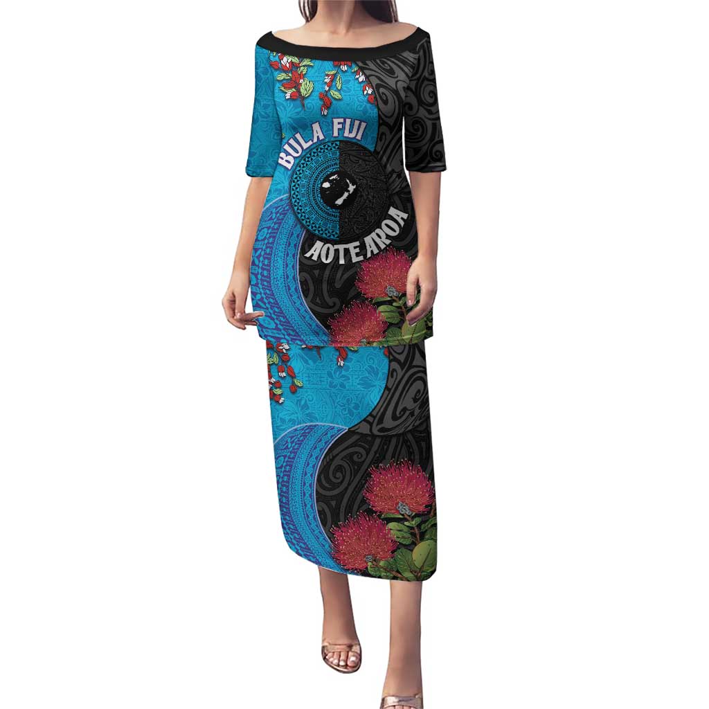 Fiji and New Zealand Together Puletasi Tapa Maori Tattoo mix Tagimoucia and Pohutukawa LT03 Long Dress Black - Polynesian Pride