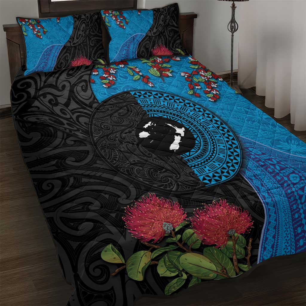 Fiji and New Zealand Together Quilt Bed Set Tapa Maori Tattoo mix Tagimoucia and Pohutukawa LT03 Black - Polynesian Pride