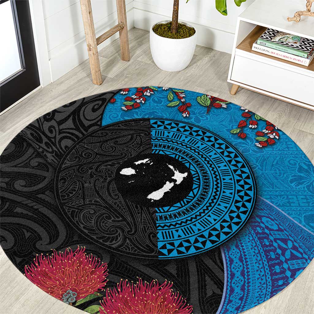 Fiji and New Zealand Together Round Carpet Tapa Maori Tattoo mix Tagimoucia and Pohutukawa LT03 Black - Polynesian Pride