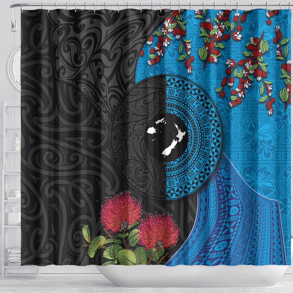 Fiji and New Zealand Together Shower Curtain Tapa Maori Tattoo mix Tagimoucia and Pohutukawa LT03 - Polynesian Pride