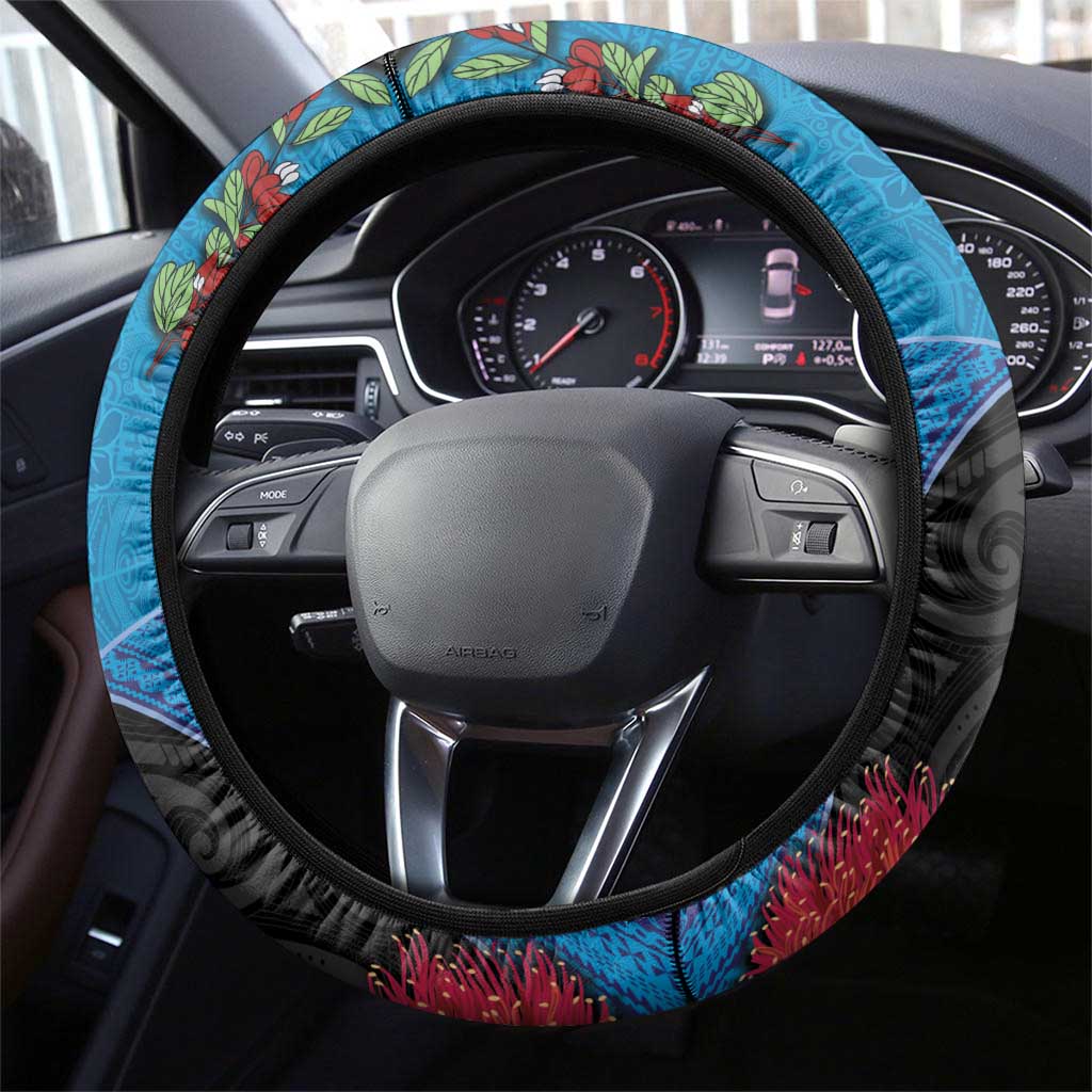 Fiji and New Zealand Together Steering Wheel Cover Tapa Maori Tattoo mix Tagimoucia and Pohutukawa