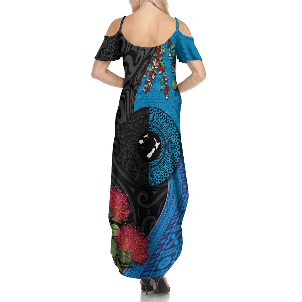 Fiji and New Zealand Together Summer Maxi Dress Tapa Maori Tattoo mix Tagimoucia and Pohutukawa