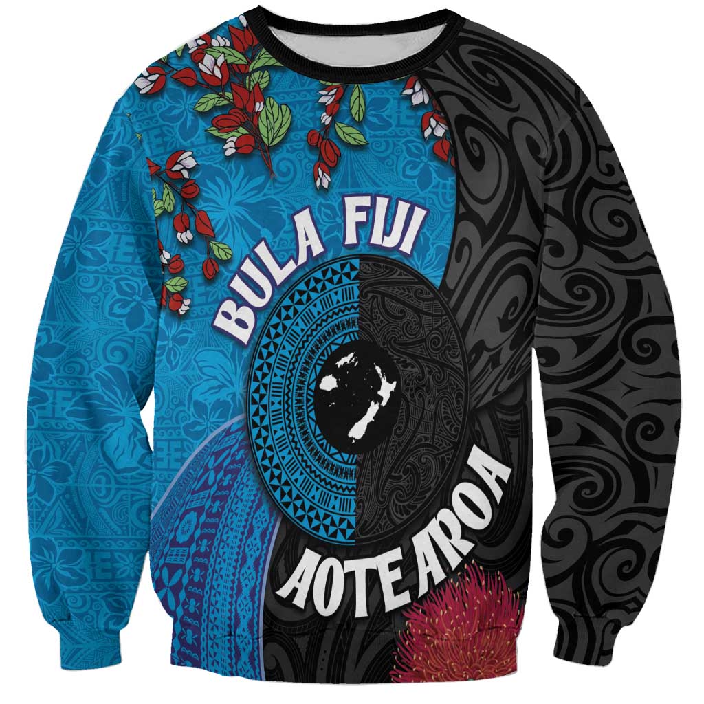 Fiji and New Zealand Together Sweatshirt Tapa Maori Tattoo mix Tagimoucia and Pohutukawa LT03 Unisex Black - Polynesian Pride