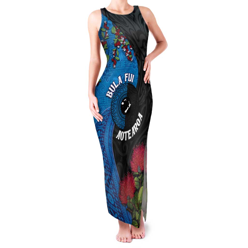 Fiji and New Zealand Together Tank Maxi Dress Tapa Maori Tattoo mix Tagimoucia and Pohutukawa LT03 Women Black - Polynesian Pride