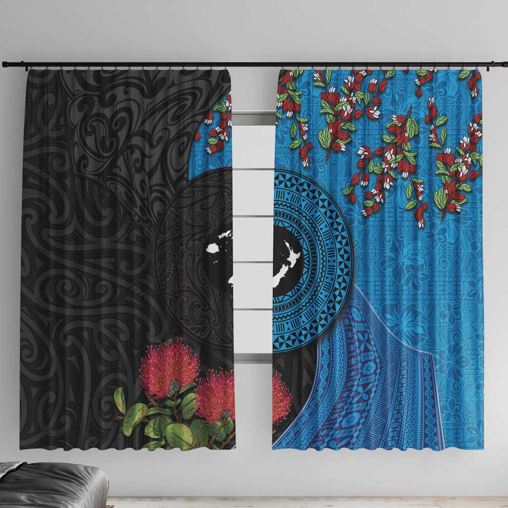 Fiji and New Zealand Together Window Curtain Tapa Maori Tattoo mix Tagimoucia and Pohutukawa LT03 With Hooks Black - Polynesian Pride
