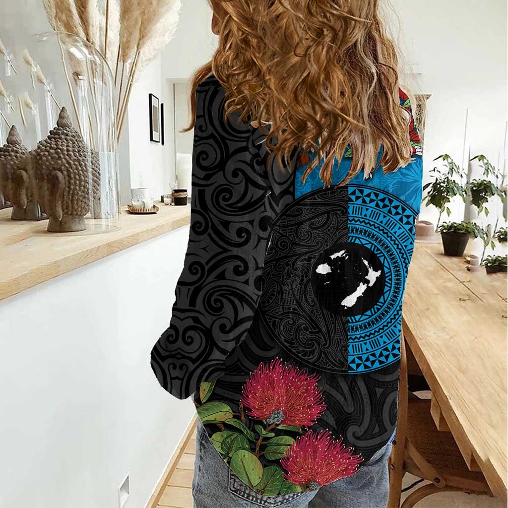 Fiji and New Zealand Together Women Casual Shirt Tapa Maori Tattoo mix Tagimoucia and Pohutukawa LT03 - Polynesian Pride