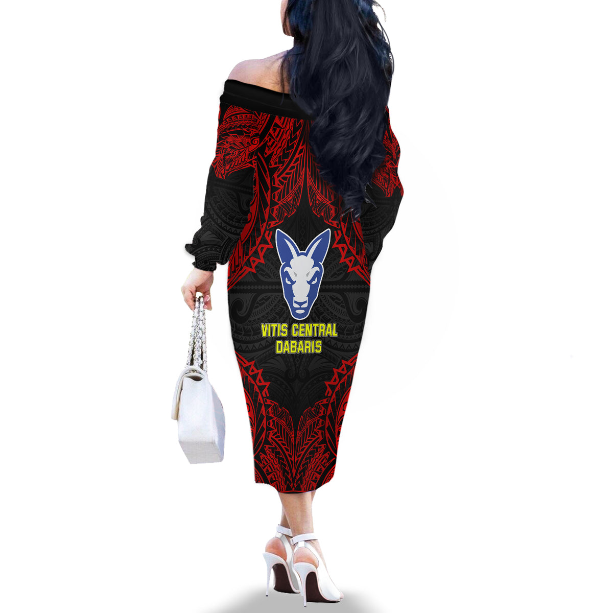 Vitis Central Dabaris Rugby Off The Shoulder Long Sleeve Dress Papua New Guinea Polynesian Tattoo LT03 - Polynesian Pride