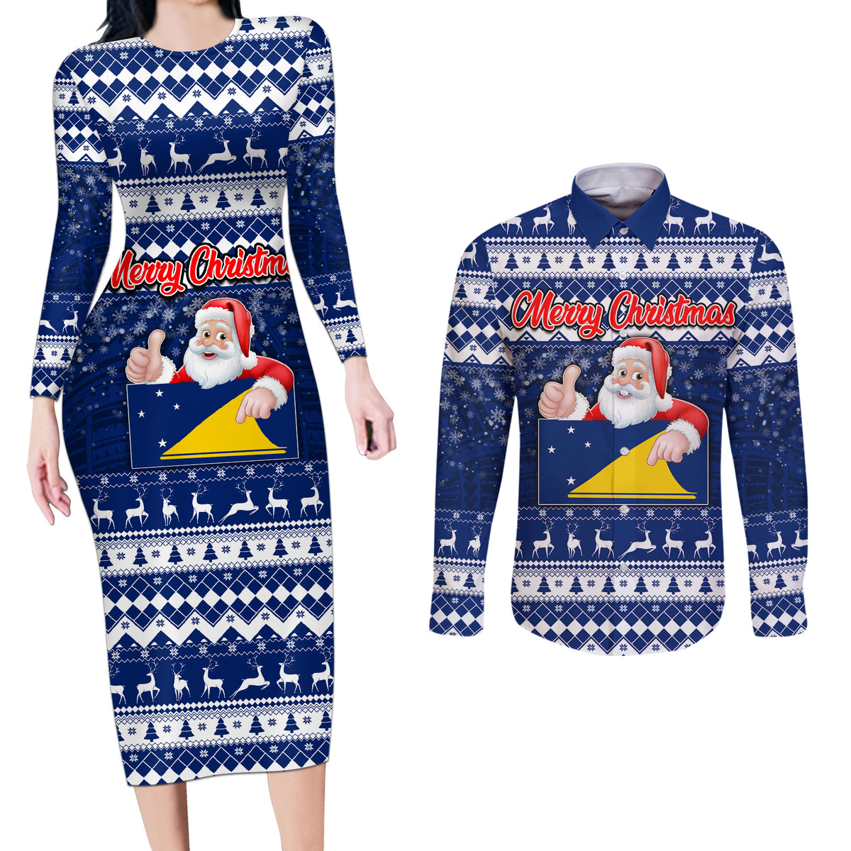 Tokelau Christmas Couples Matching Long Sleeve Bodycon Dress and Long Sleeve Button Shirt Santa Claus Tokelau Flag and Coat of Arms with Polynesian Pattern LT03 Blue - Polynesian Pride