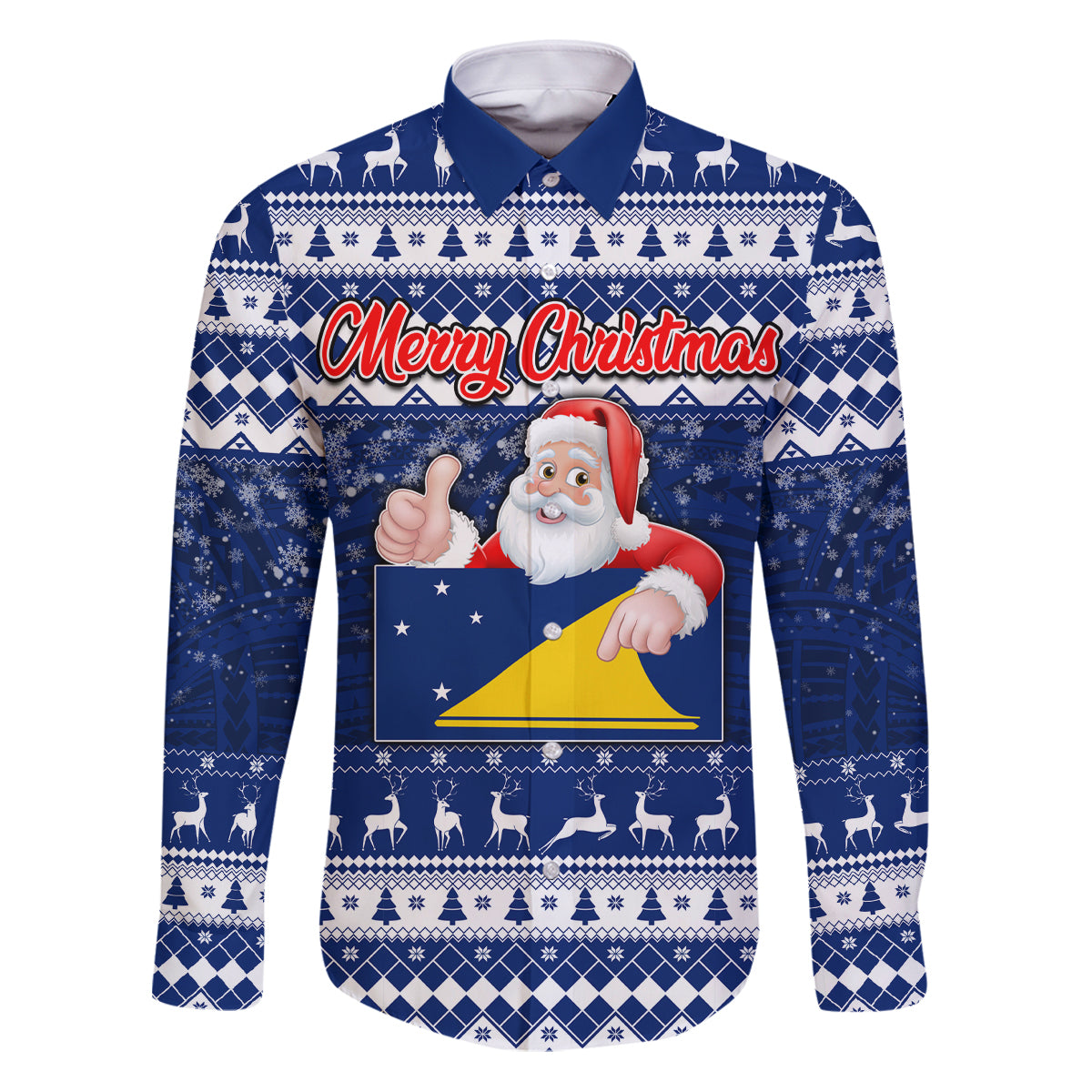 Tokelau Christmas Family Matching Puletasi Dress and Hawaiian Shirt Santa Claus Tokelau Flag and Coat of Arms with Polynesian Pattern LT03 Dad's Shirt - Long Sleeve Blue - Polynesian Pride