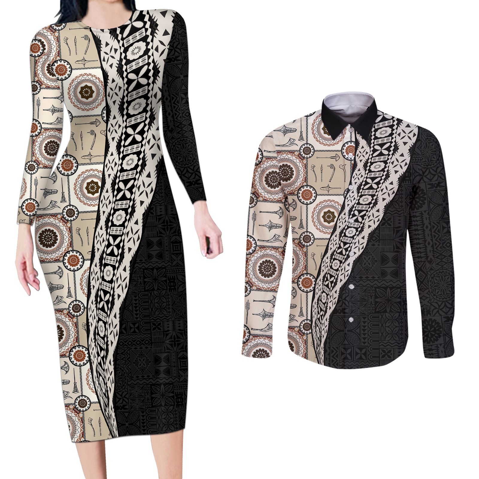 Tukenny Pattern Fijian War Clubs Mix Tapa Tribal Couples Matching Long Sleeve Bodycon Dress and Long Sleeve Button Shirt LT03 Beige - Polynesian Pride