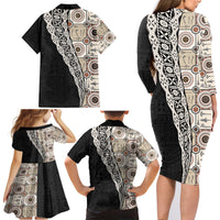 Tukenny Pattern Fijian War Clubs Mix Tapa Tribal Family Matching Long Sleeve Bodycon Dress and Hawaiian Shirt LT03 - Polynesian Pride