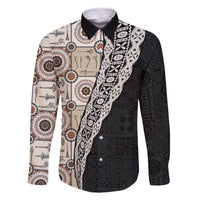 Tukenny Pattern Fijian War Clubs Mix Tapa Tribal Family Matching Off Shoulder Short Dress and Hawaiian Shirt LT03 Dad's Shirt - Long Sleeve Beige - Polynesian Pride