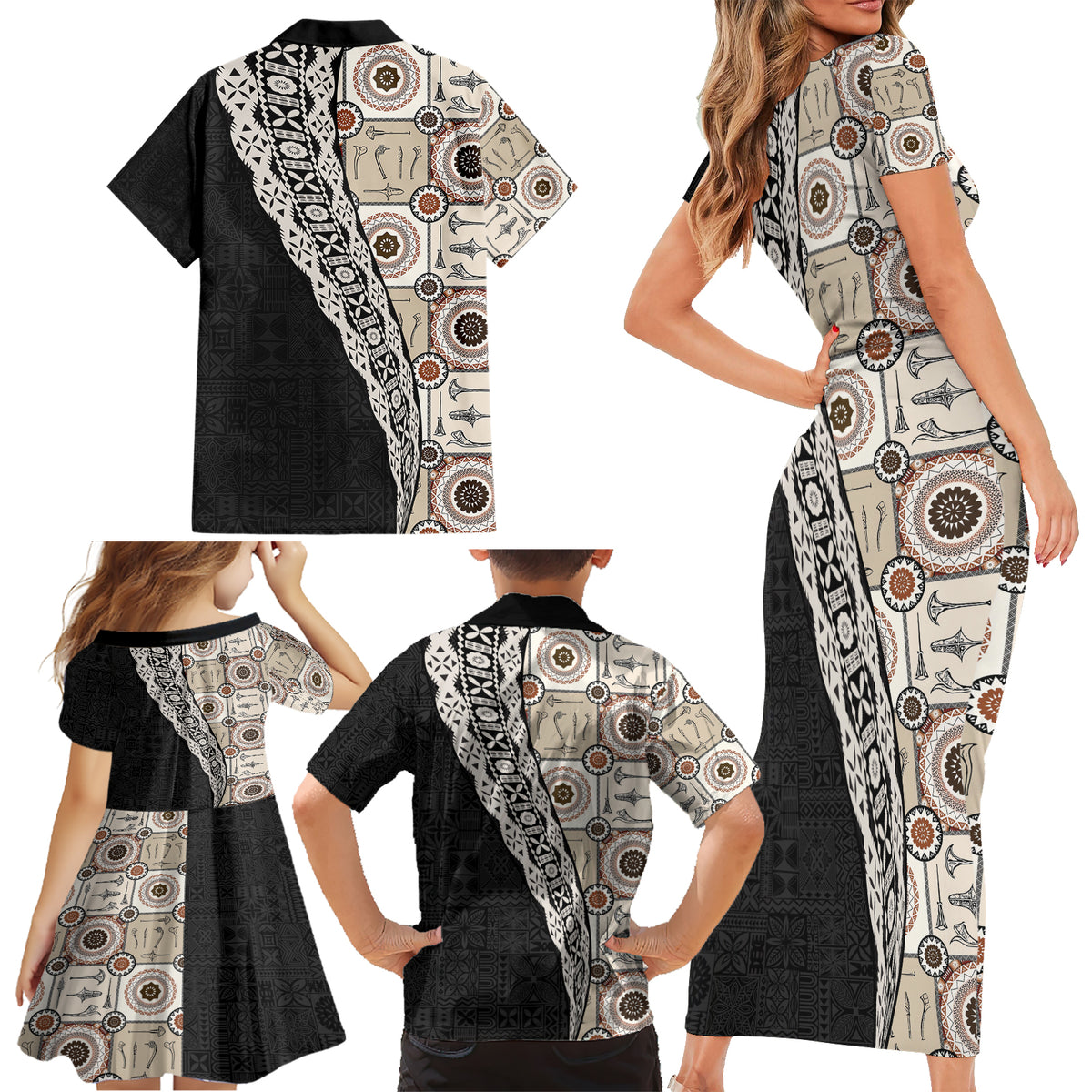 Tukenny Pattern Fijian War Clubs Mix Tapa Tribal Family Matching Short Sleeve Bodycon Dress and Hawaiian Shirt LT03 - Polynesian Pride