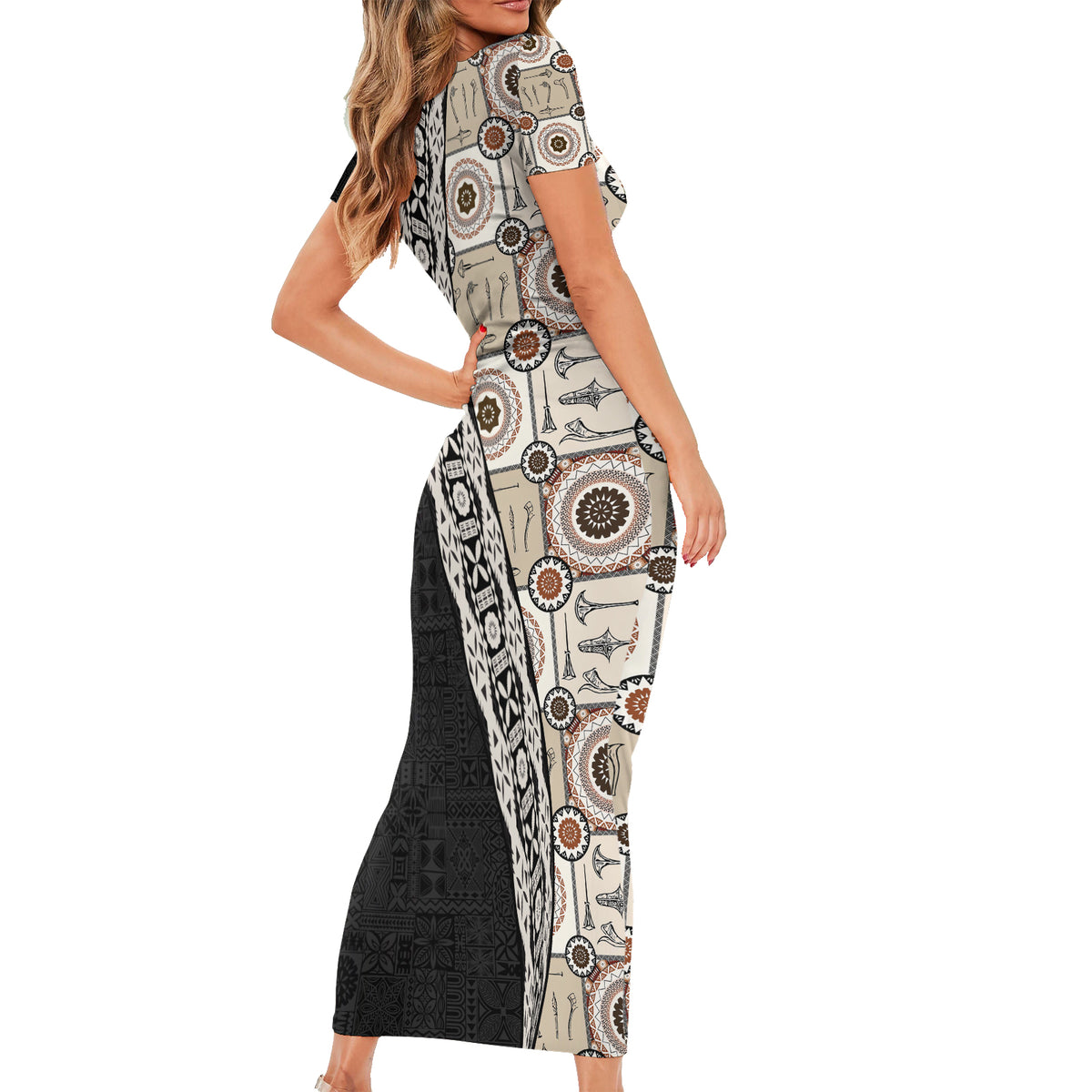 Tukenny Pattern Fijian War Clubs Mix Tapa Tribal Family Matching Short Sleeve Bodycon Dress and Hawaiian Shirt LT03 - Polynesian Pride